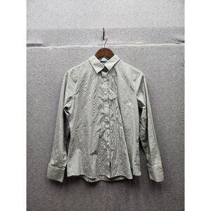 Lands End Womens No Iron Supima Cotton Button-Up Shirt Size 8 Green Pinstripe Fl